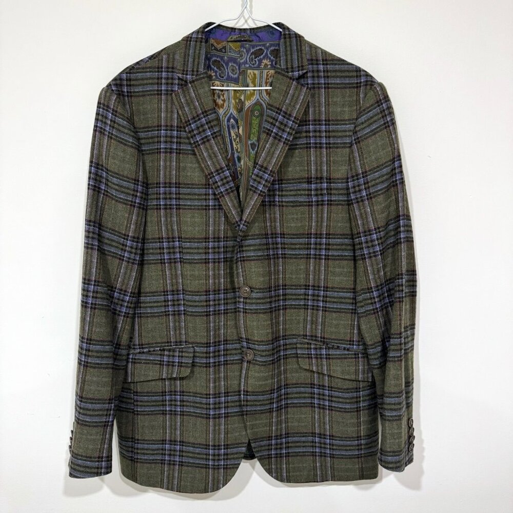 Etro Superleggera Wool Blend Plaid Unstructured 3 Button Sport Coat Size 50